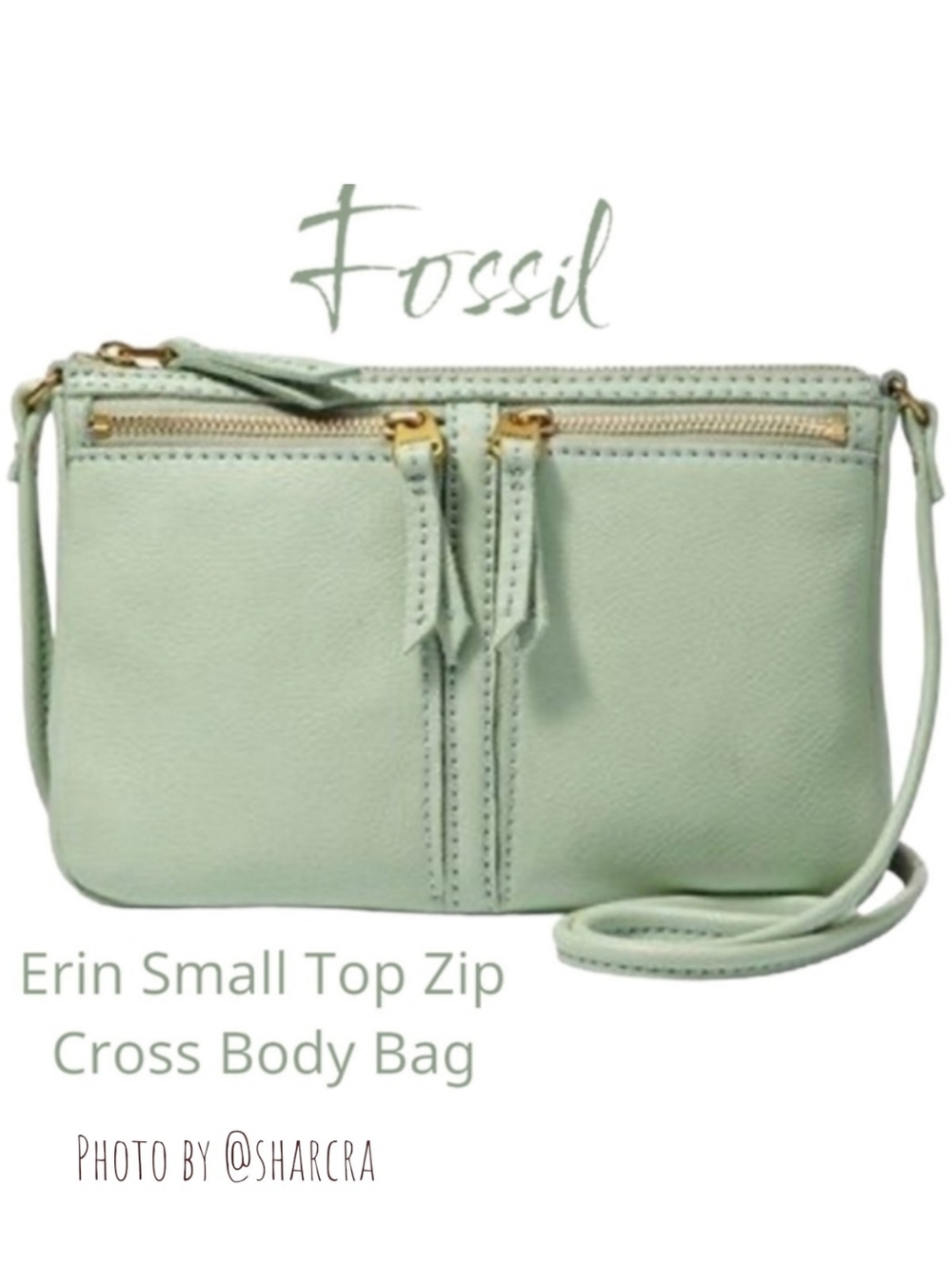 Fossil Erin compact Leather Crossbody Bag sea foam green exterior Zip pockets